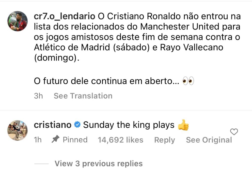 Sunday, the King plays': Cristiano Ronaldo appears to confirm