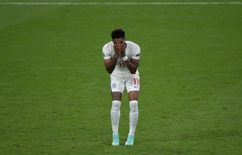 Marcus Rashford of England reacts after failed a penalty