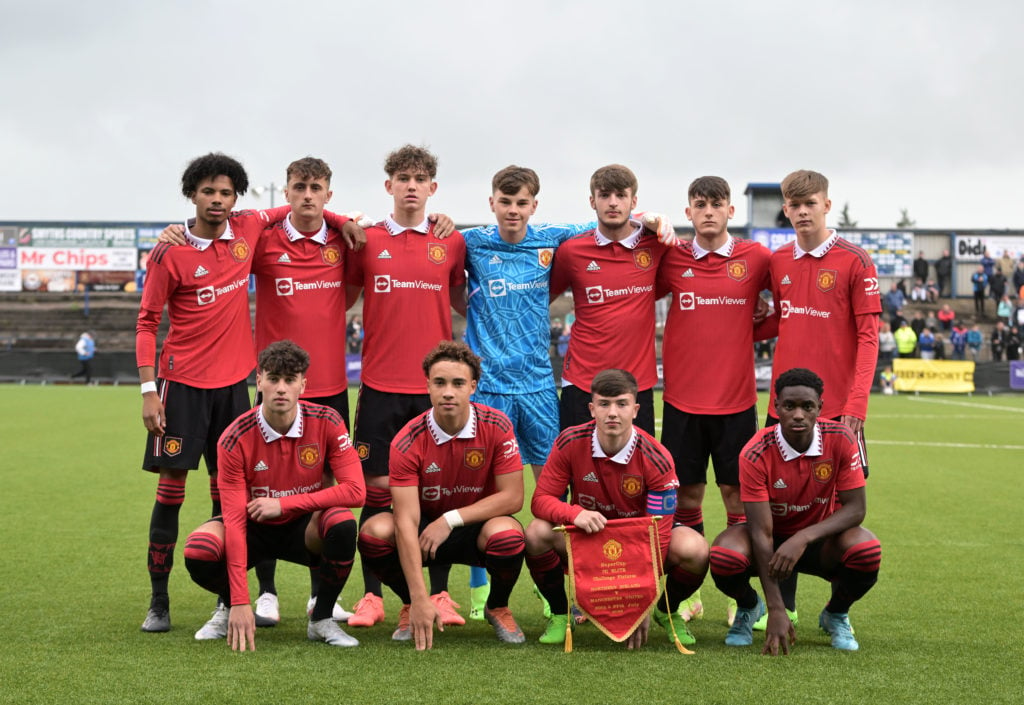 The Manchester United starting XI pose for a team photograph before the NI Super Cup match between Northern Ireland and Manchester United at Colera...