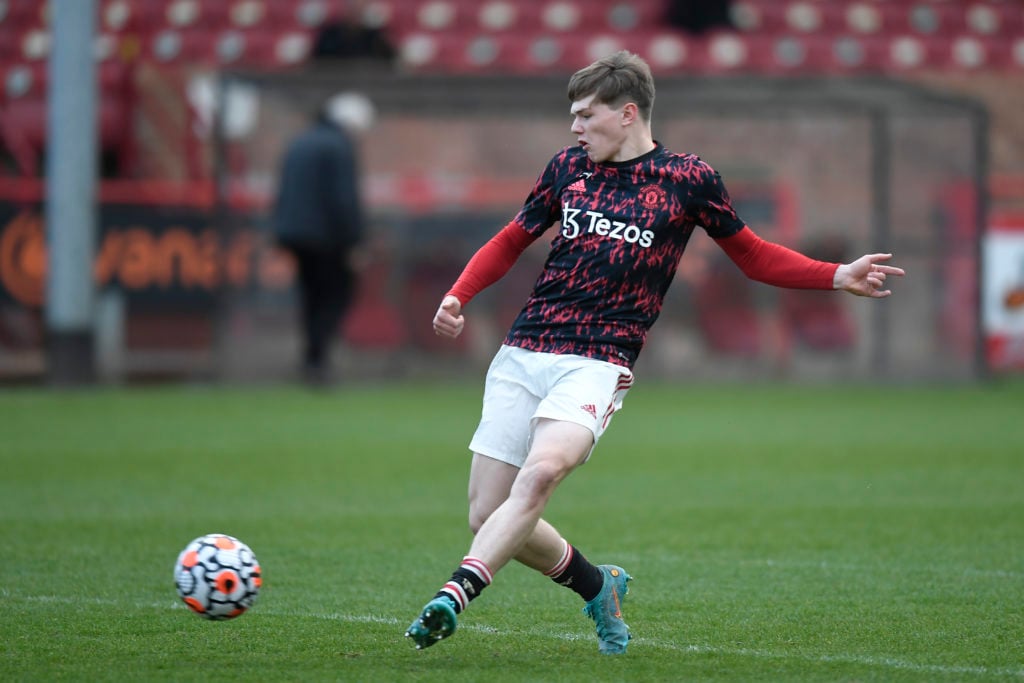 Ethan Ennis of Manchester United U18s warms up ahead of the U18 Premier League match between Burnley U18s and Manchester United U18s at J Davidson ...