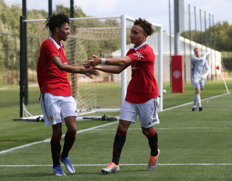 Ethan Williams of Manchester United celebrates scoring their second goal during the U18 Premier League match between Manchester United U18s and Not...