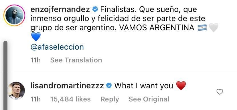Lisandro Martinez message to Enzo Fernandez on Instagram