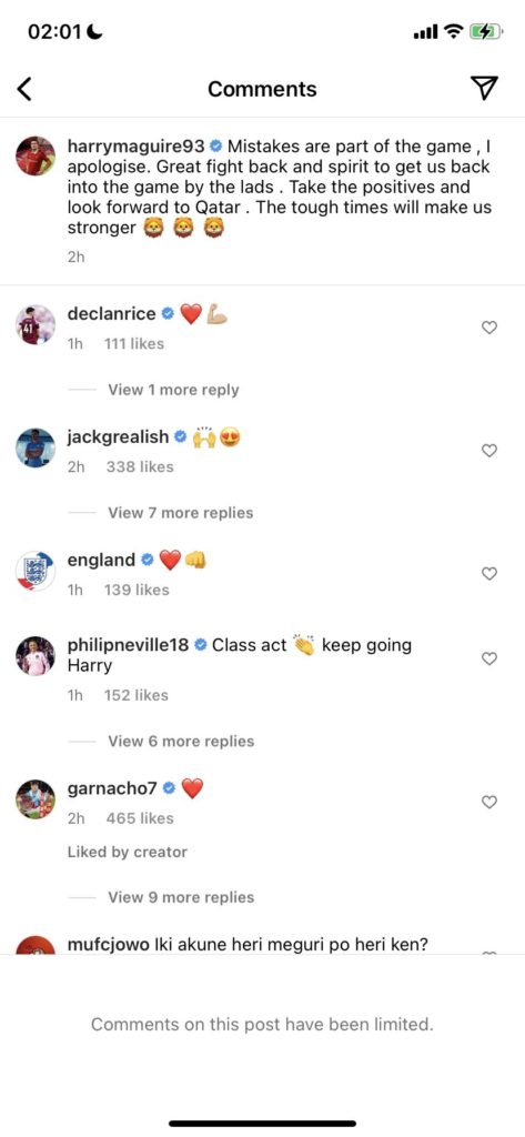 Screengrab of Declan Rice and Jack Grealish's response to Harry Maguire / Instagram
