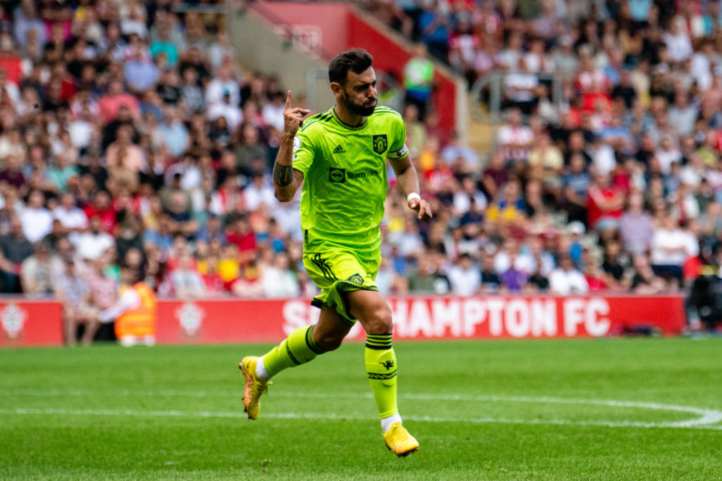 Bruno Fernandes of Manchester United celebrates scoring a goal to make the score 0-1 during the Premier League match between Southampton FC and Man...