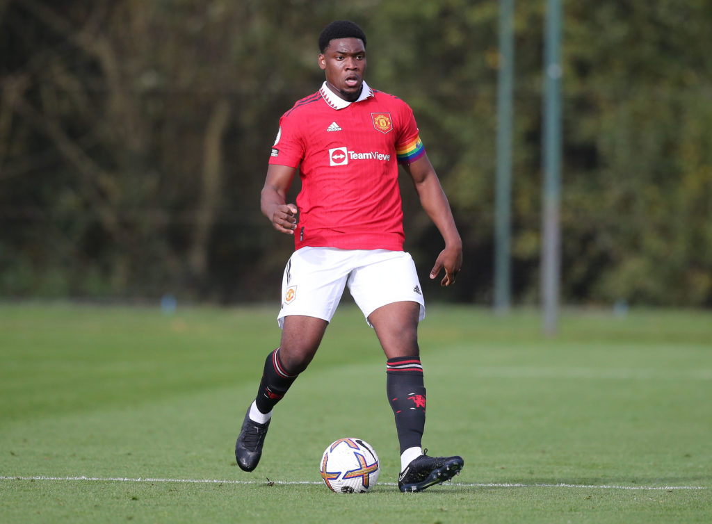 Teden Mengi of Manchester United in action during the Premier League 2 match between Manchester United U21 and Wolverhampton Wanderers U21 at Carri...
