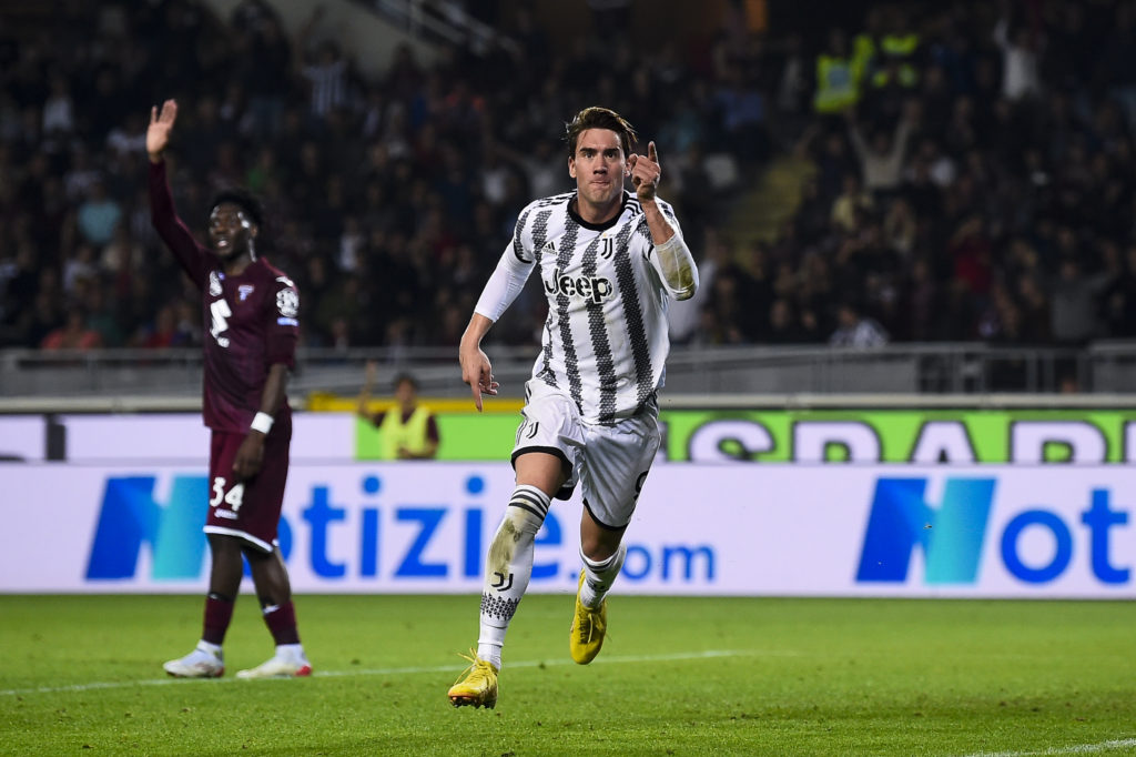 Dusan Vlahovic (C) of Juventus FC celebrates after scoring a