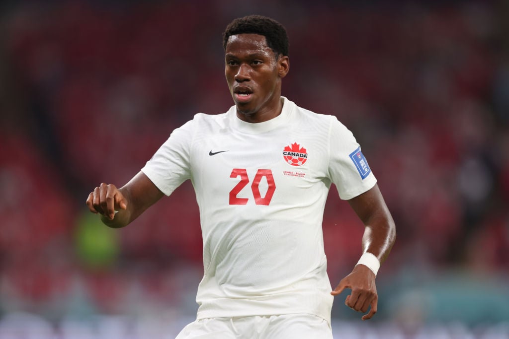 Jonathan David of Canada during the FIFA World Cup Qatar 2022 Group F match between Belgium and Canada at Ahmad Bin Ali Stadium on November 23, 202...