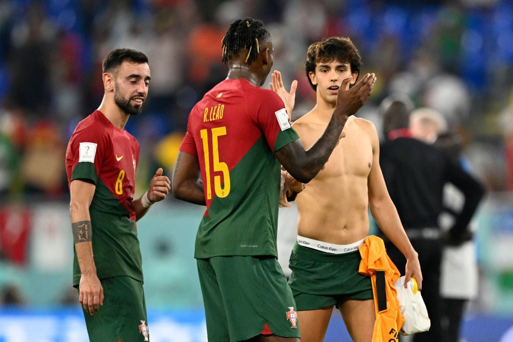 Rafael Leao thanks Bruno Fernandes after scoring on World Cup debut