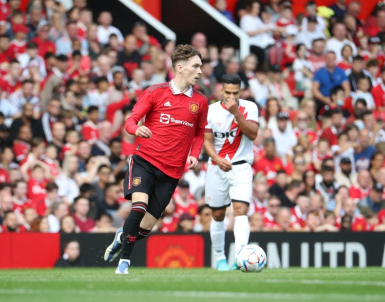 James Garner of Manchester United in action during the pre-season friendly match between Manchester United and Rayo Vallecano at Old Trafford on Ju...