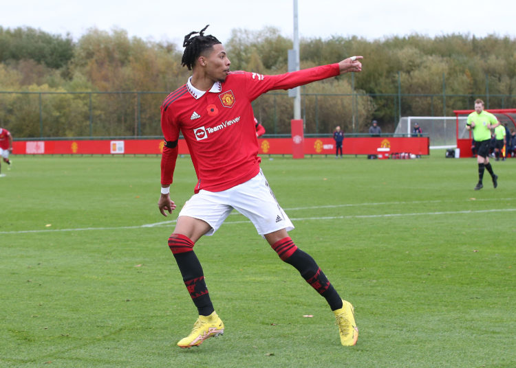 Ethan Williams of Manchester United U18s celebrates scoring their third goal during the U18s Premier League match between Manchester United U18s an...