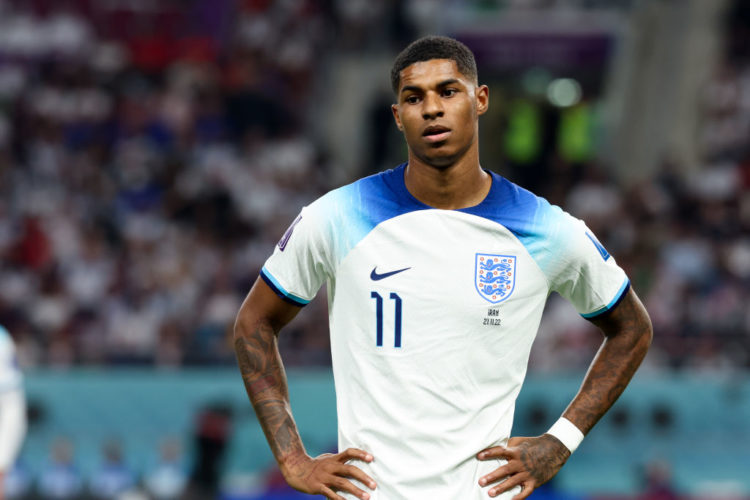 Jude Bellingham reacts to Marcus Rashford scoring first World Cup goal