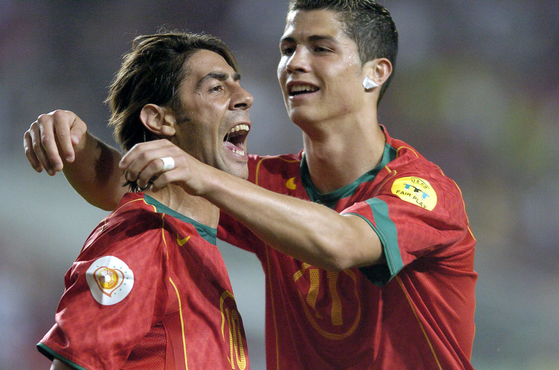 LISBON, PORTUGAL - JUNE 16: Cristiano Ronaldo (R) and Rui Costa of Portugal celebrate during the UEFA Euro 2004 match between Portugal and Russia o...