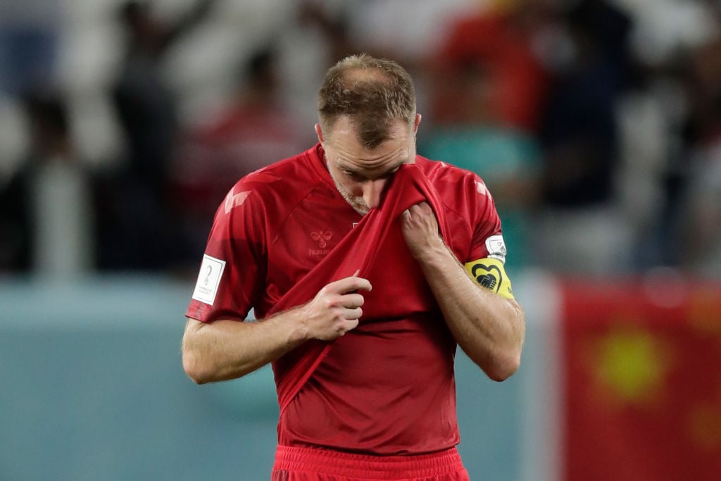 Christian Eriksen of Denmark disappointed  during the  World Cup match between Australia  v Denmark at the Al Janoub Stadium on November 30, 2022 i...