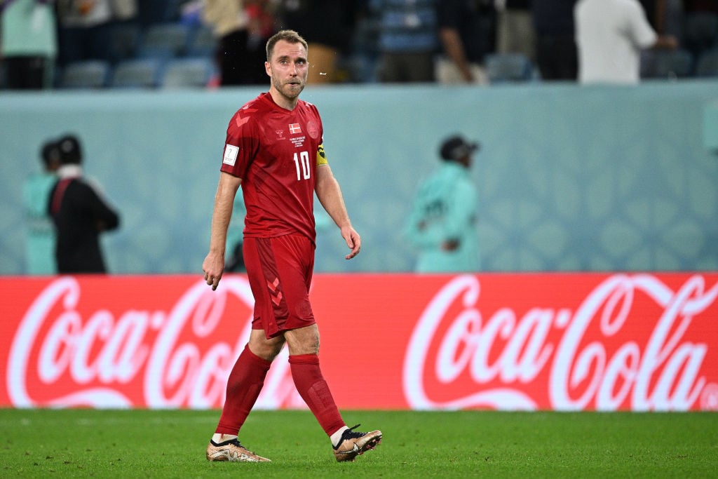 Christian Eriksen of Denmark shows dejection after the 0-1 defeat in the FIFA World Cup Qatar 2022 Group D match between Australia and Denmark at A...