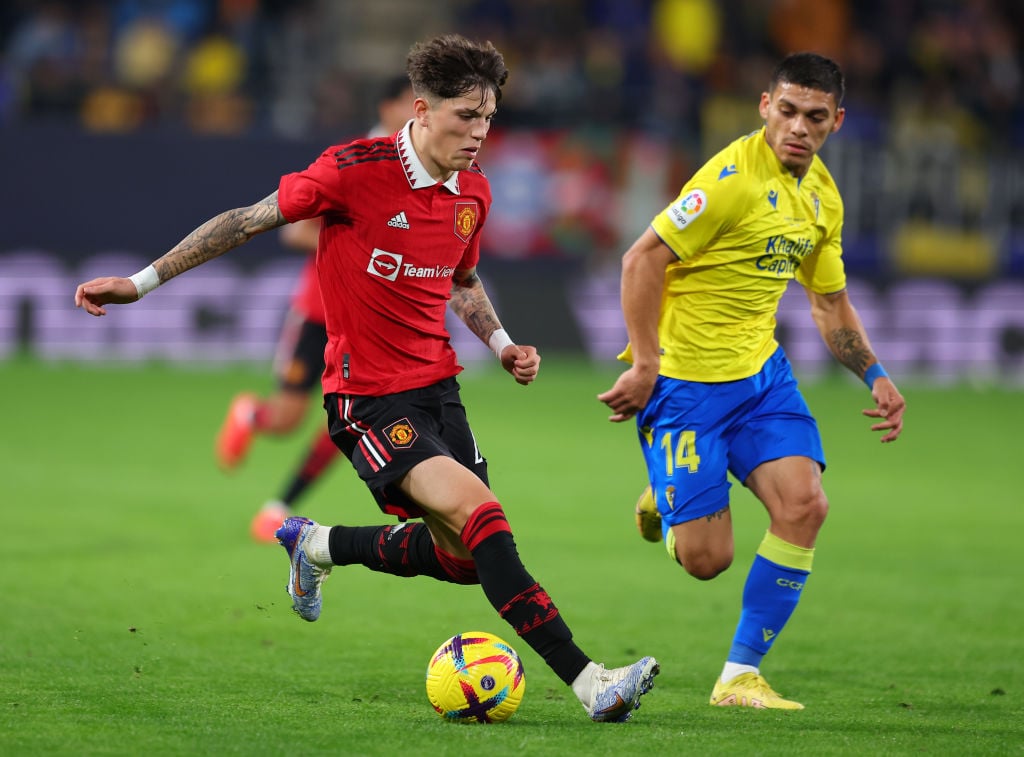 Alejandro Garnacho of Manchester United in action during the friendly match between Cadiz CF and Manchester United at Nuevo Mirandilla on December ...