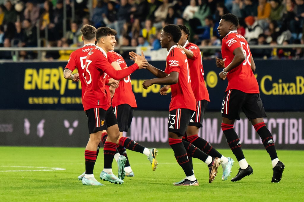 Kobbie Mainoo of Manchester United celebrates scoring their second goal during the friendly match between Cadiz CF and Manchester United at Nuevo M...