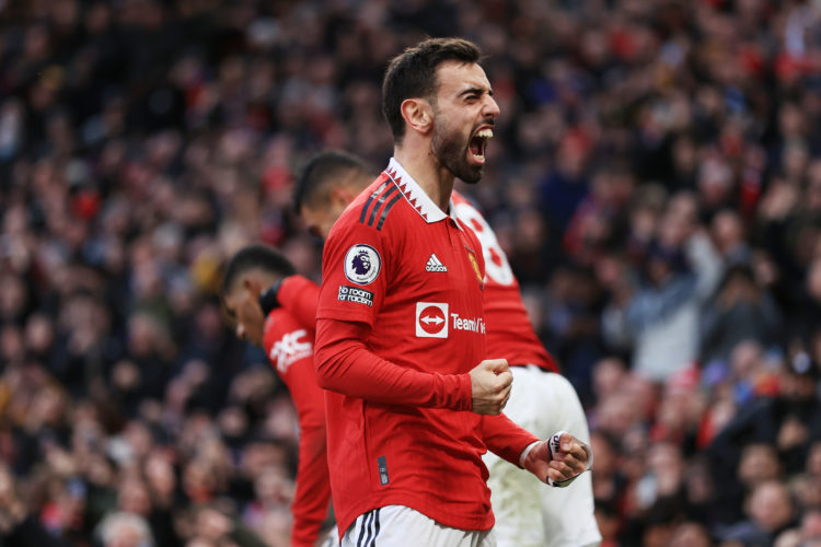 David de Gea reacts as Bruno Fernandes celebrates three years at Manchester United