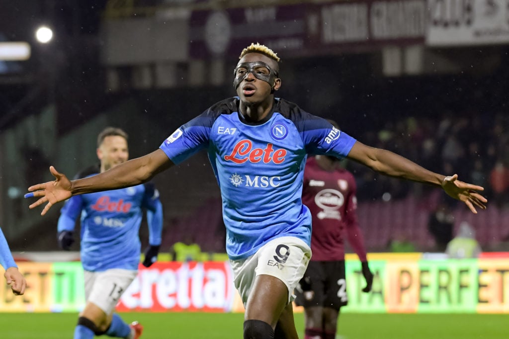 Victor Osimhen of SSC Napoli celebrates after scoring second goal during the Serie A match between US Salernitana and SSC Napoli at Stadio Arechi, ...