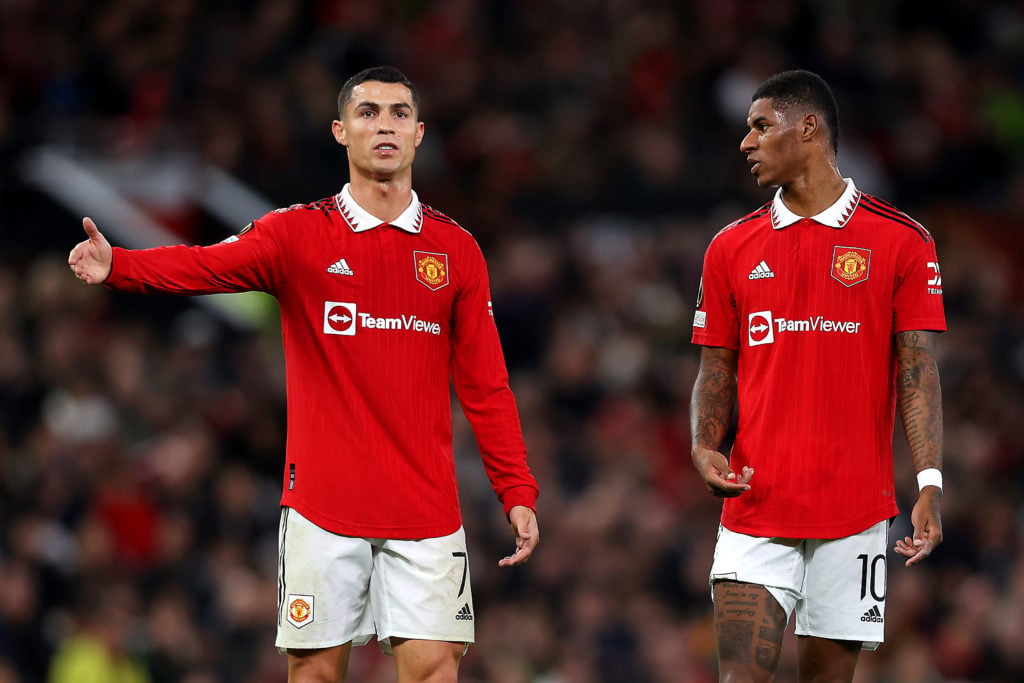 Cristiano Ronaldo and Marcus Rashford of Manchester United react during the UEFA Europa League group E match between Manchester United and Sheriff ...