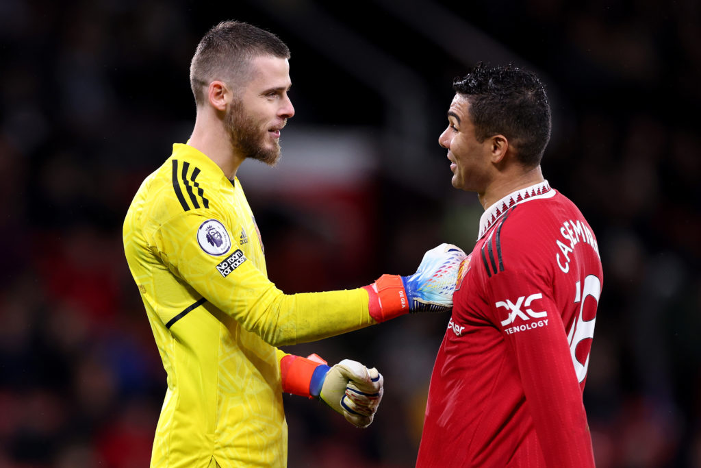 David de Gea celebrates with Casemiro after the Premier League match between Manchester United and Bournemouth at Old Trafford in 2023 in Manchester.