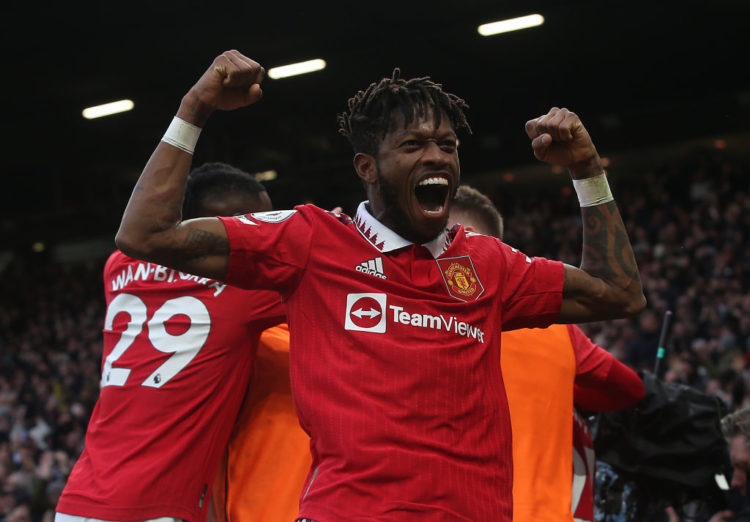 Tyrell Malacia and Bruno Fernandes react to Fred's Manchester derby display