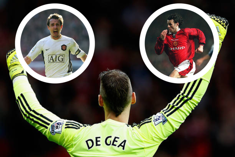 David de Gea pictured from the back with his arms raised, playing for Manchester United. Inset image of Gary Neville celebrating. Ryan Giggs in 199...