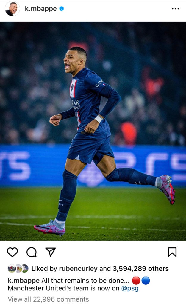 Kylian mbappe instagram post on manchester united creates confusion
