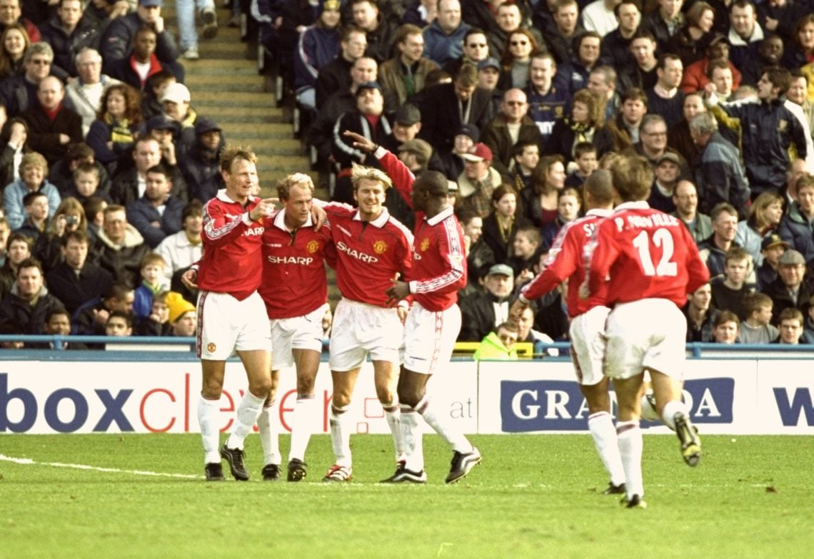 26 Feb 2000: Manchester United celebrate Jordi Cruyff's goal against Wimbledon during the FA Carling Premiership match at Selhurst Park in London....
