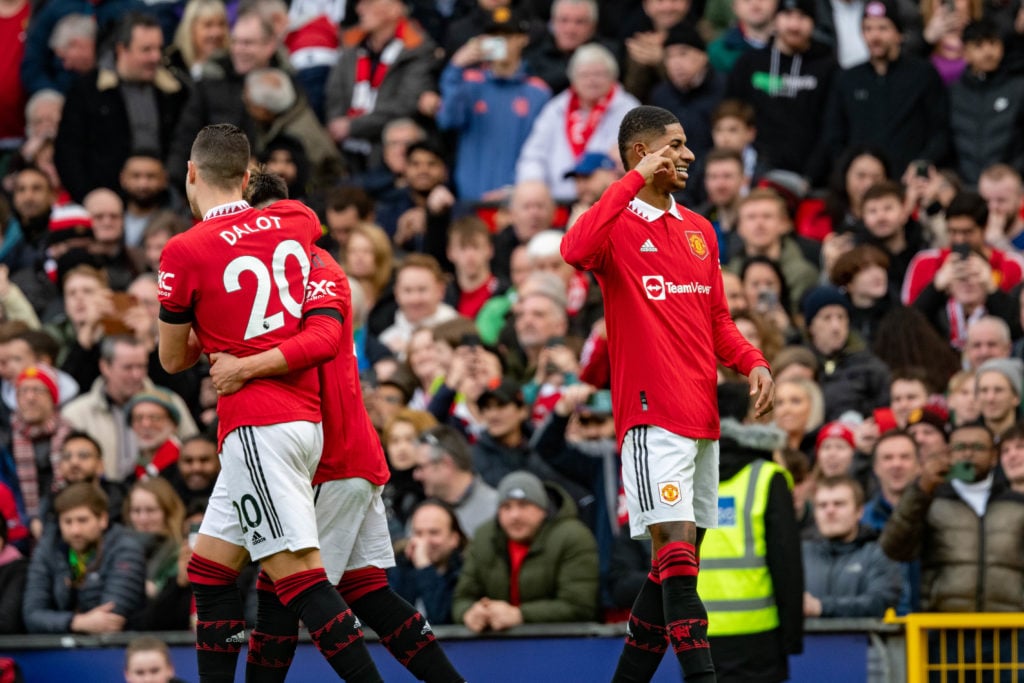 Marcus Rashford of Manchester United celebrates scoring a goal to make the score 2-0 during the Premier League match between Manchester United and ...