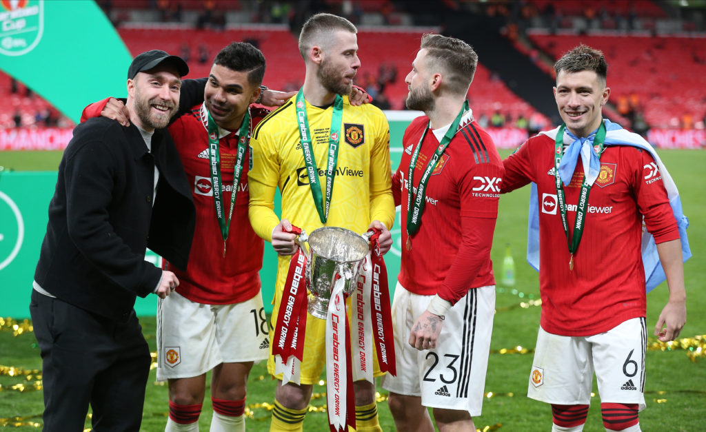 Christian Eriksen pictured wearing walking boot at Wembley