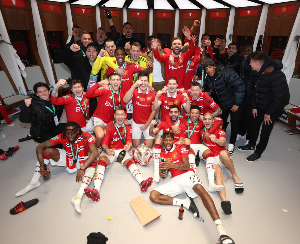 Man Utd's players dressing room pictures with Carabao Cup trophy