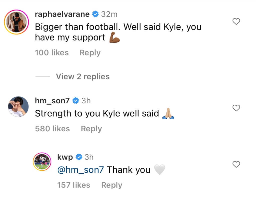 Raphael Varane response to Kyle Walker-Peters Instagram