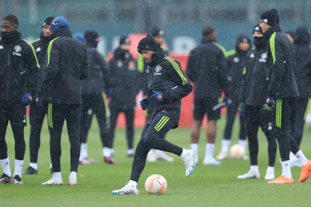 Fred of Manchester United in action during a training session ahead of their UEFA Europa League round of 16 leg one match against Real Betis at Old...