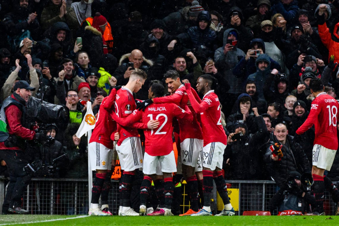 Wout Weghorst of Manchester United celebrates his goal during the UEFA Europa League round of 16 leg one match between Manchester United and Real B...