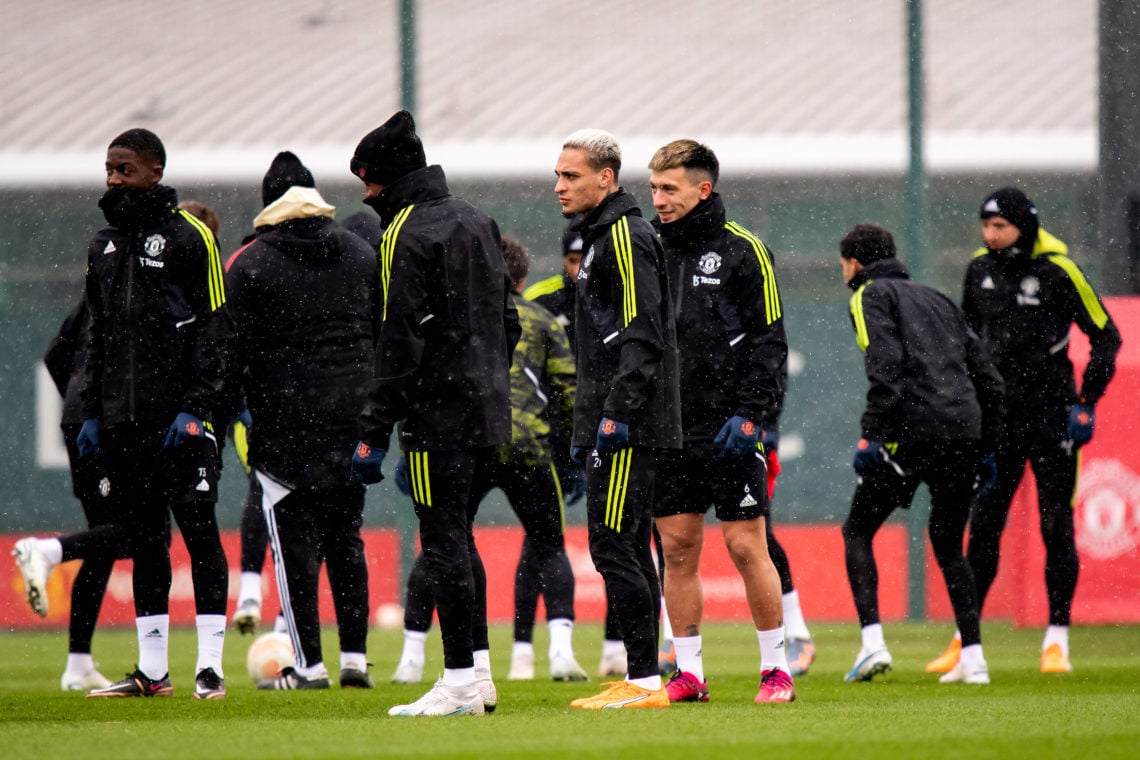 Antony and team mates of Manchester United train during a training session ahead of their UEFA Europa League round of 16 leg one match against Real...