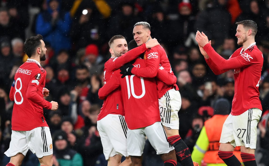 Antony of Manchester United celebrates with teammates after scoring the team's second goal during the UEFA Europa League round of 16 leg one match ...