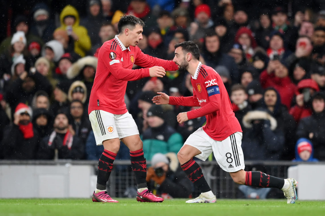 Bruno Fernandes of Manchester United (R) celebrates with teammate Lisandro Martinez after scoring the team's third goal during the UEFA Europa Leag...