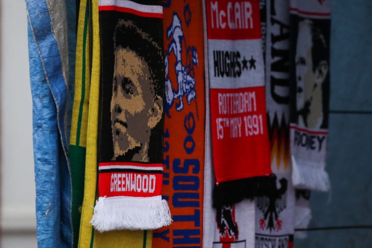 Mason Greenwood scarves pictured for sale outside Old Trafford