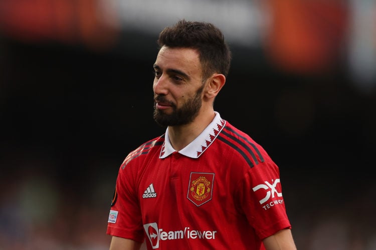 Bruno Fernandes of Manchester United reacts during the UEFA Europa League round of 16 leg two match between Real Betis and Manchester United at Est...