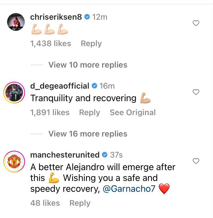 Screengrab of Christian Eriksen's response to Alejandro Garnacho