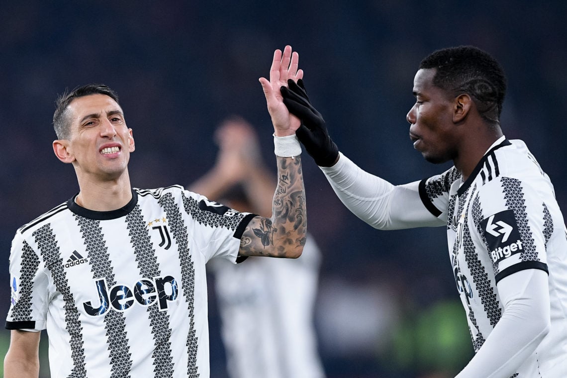 Angel Di Maria of Juventus FC gives an high five to Paul Pogba of Juventus FC  during the Serie A match between AS Roma and Juventus FC at Stadio O...