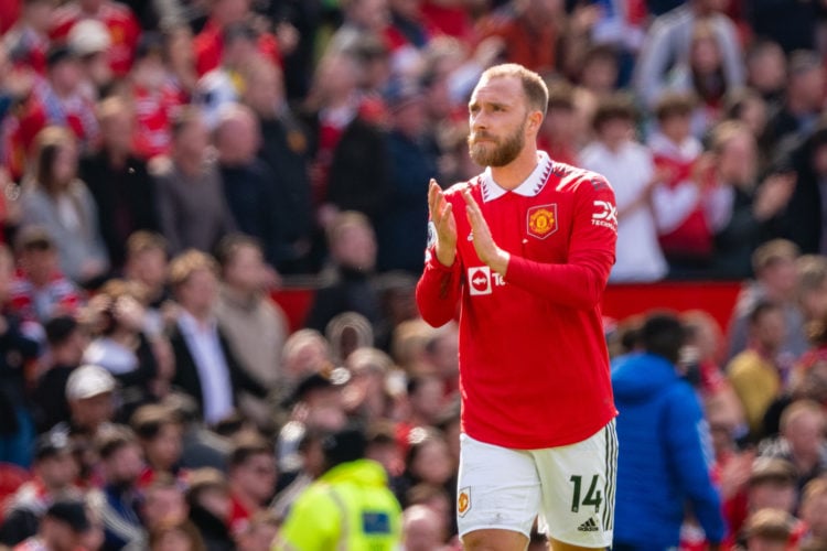 Christian Eriksen of Manchester United applauds the fans at the end of the Premier League match between Manchester United and Everton FC at Old Tra...