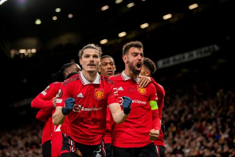 Marcel Sabitzer of Manchester United  celebrates scoring a goal to make the score 1-0 with his team-mates during the UEFA Europa League Quarterfina...