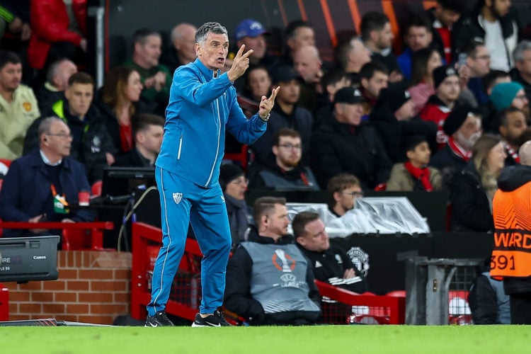 head coach Jose Luis Mendilibar of Sevilla FC gestures during the UEFA Europa League quarterfinal first leg match between Manchester United and Sev...