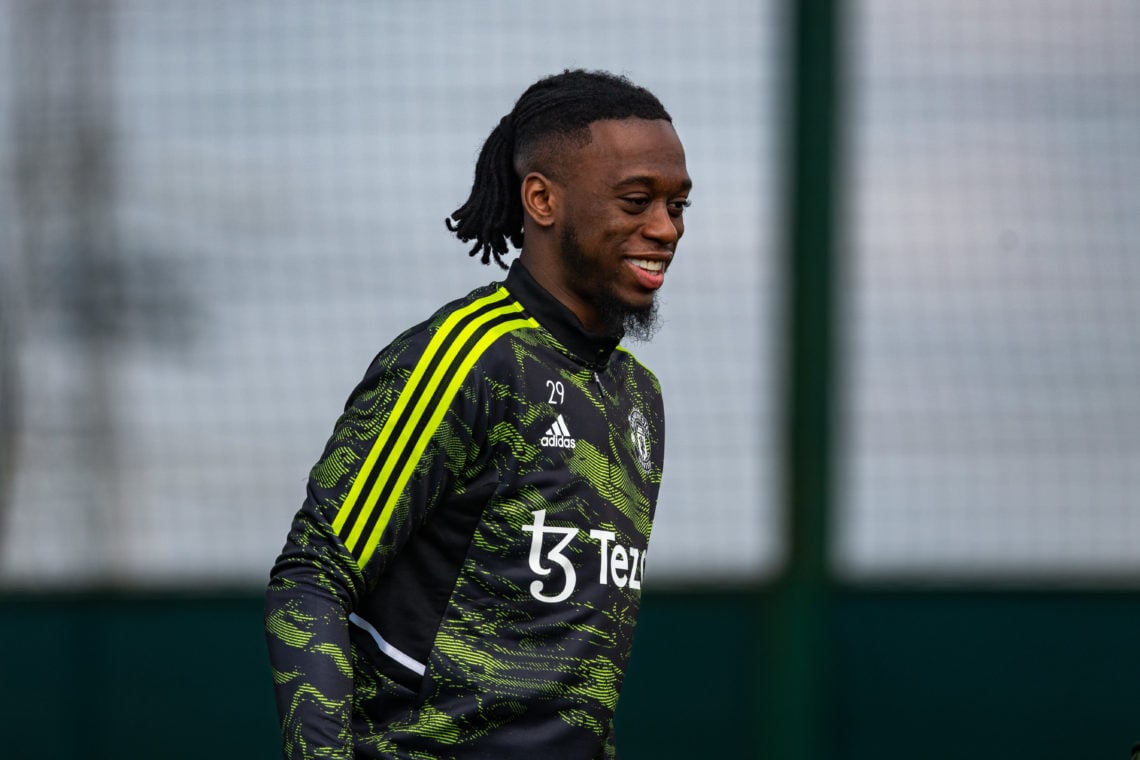 Aaron Wan-Bissaka of Manchester United reacts during a first team training session at Carrington Training Ground ahead of their UEFA Europa League ...