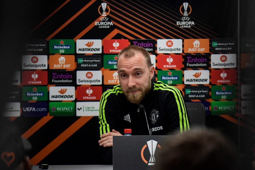 Manchester United's Danish midfielder Christian Eriksen addresses a press conference at the Ramon Sanchez-Pizjuan stadium in Seville on April 19, 2...