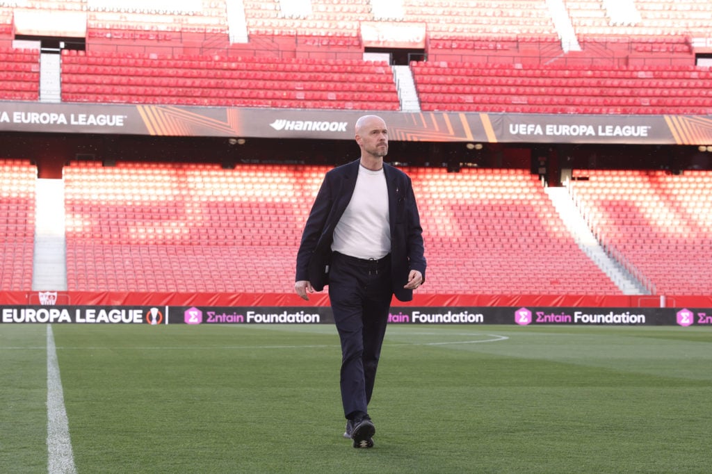 Manchester United Head Coach / Manager Erik ten Hag looks on ahead of their UEFA Europa League quarterfinal second leg match against Sevilla FC at ...