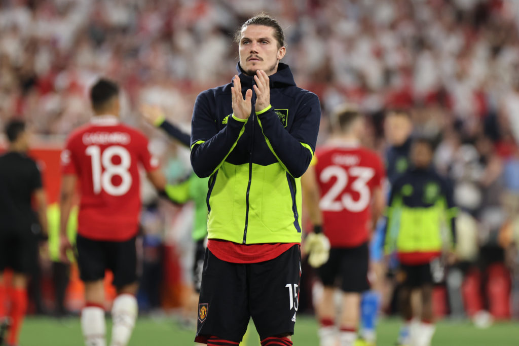 Marcel Sabitzer of Manchester United FC shows appreciation to the fans during the UEFA Europa League quarterfinal second leg match between Sevilla ...