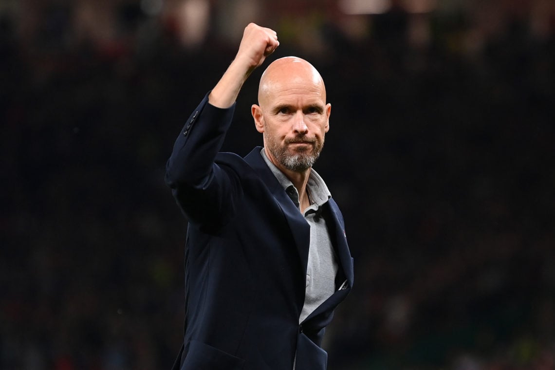 Erik ten Hag, Manager of Manchester United celebrates after victory in the Premier League match between Manchester United and Liverpool FC at Old T...