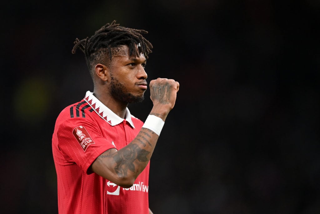 Fred of Manchester United celebrates victory after the Emirates FA Cup Quarter Final match between Manchester United and Fulham at Old Trafford on ...